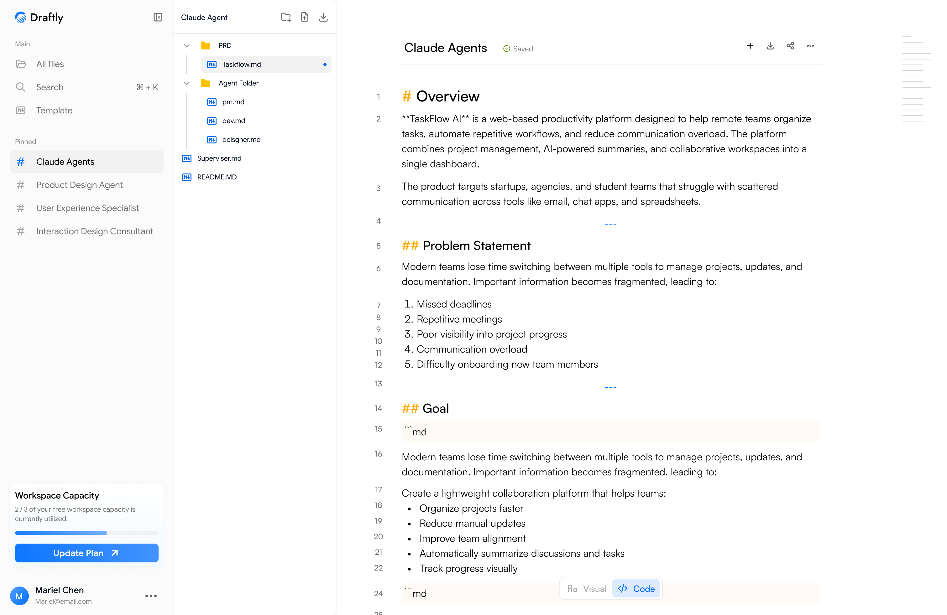 The final design of Draftly in editor mode, markdown style