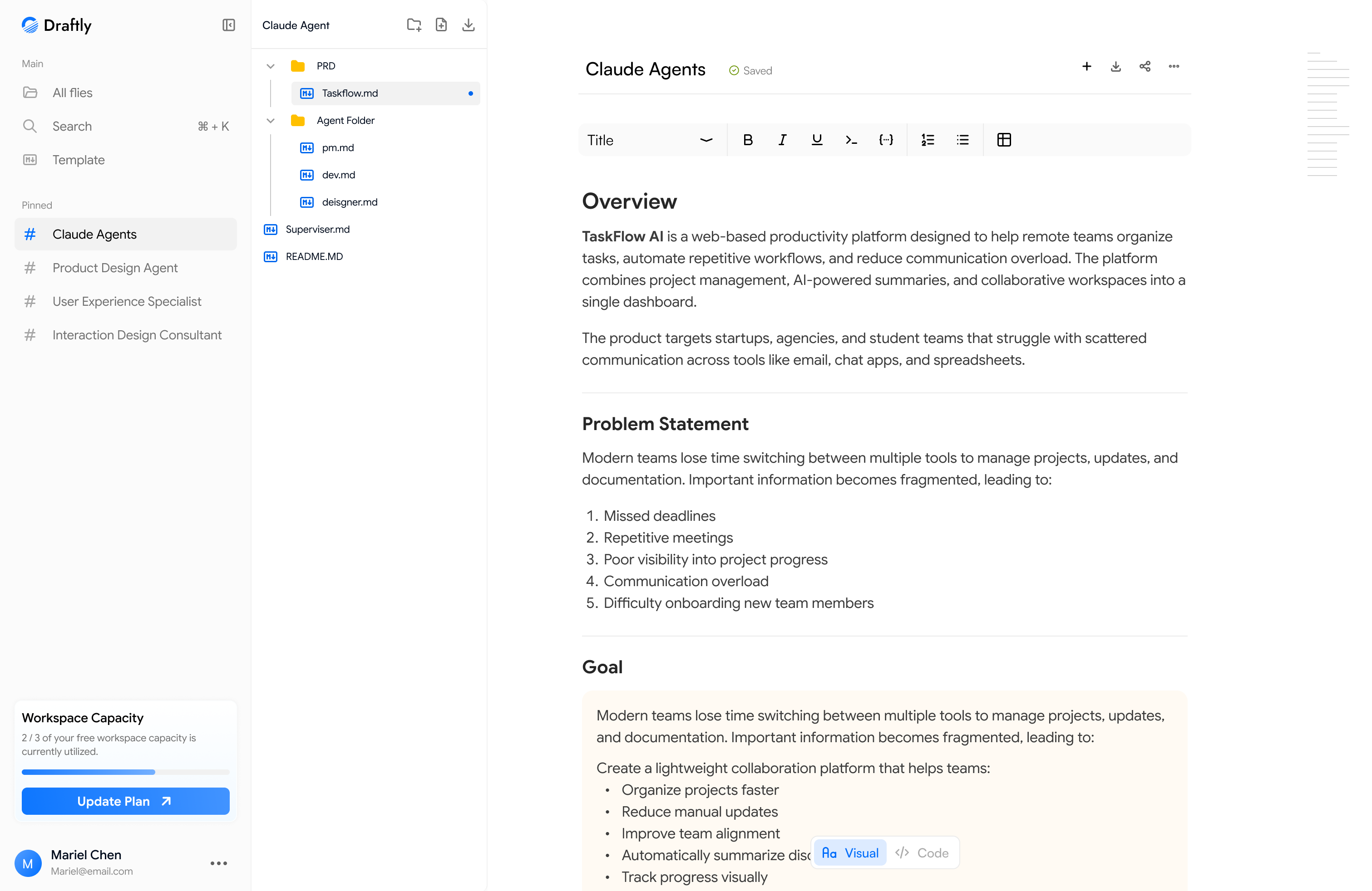 The final design of Draftly in editor mode, visual doc style